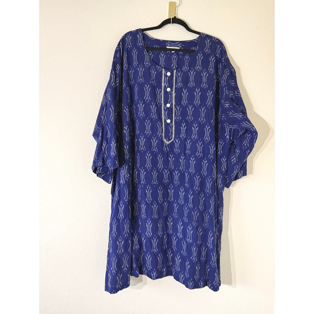 Marketplace Handwork of India Women Blue Ikat Cotton Dress Top lagenlook Boho 4W